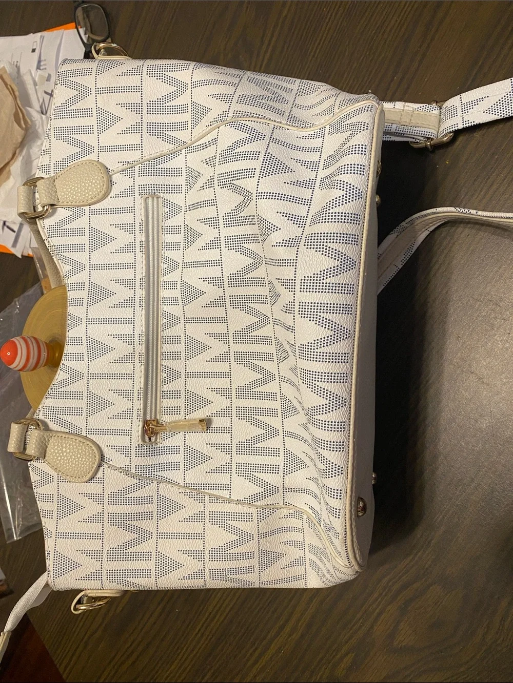 White Patterned Women's Satchel Bag with Gold Accents